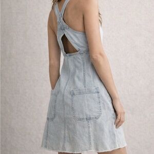 American Eagle Denim Overall Dress Light Wash Cutout Back Pinafore Mini Dress L